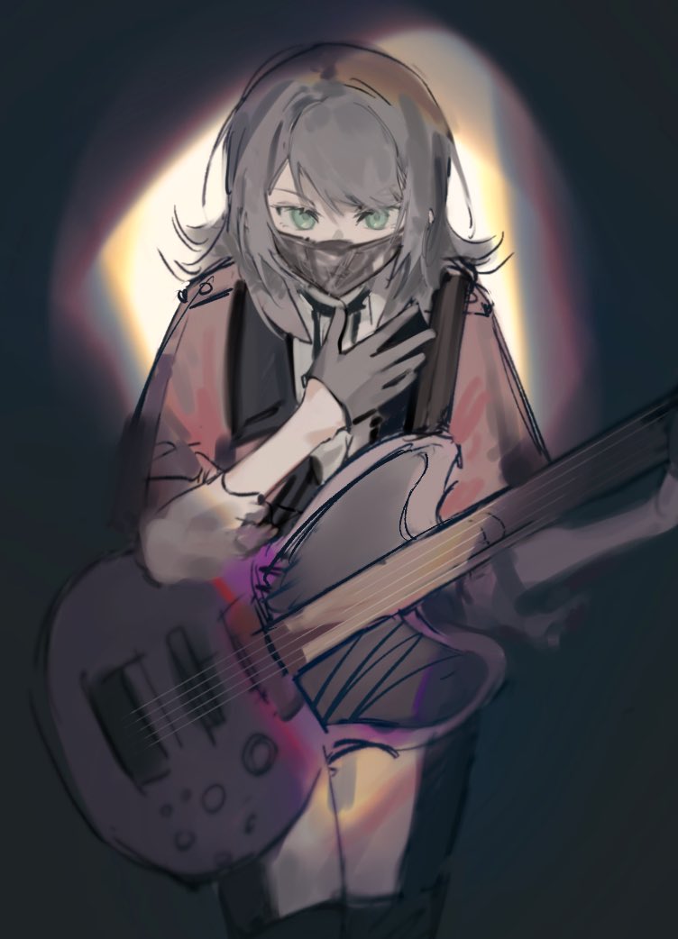 1girl, bang_dream!, bang_dream!_it's_mygo!!!!!, bass_guitar, black_background, black_gloves, black_hair, black_mask