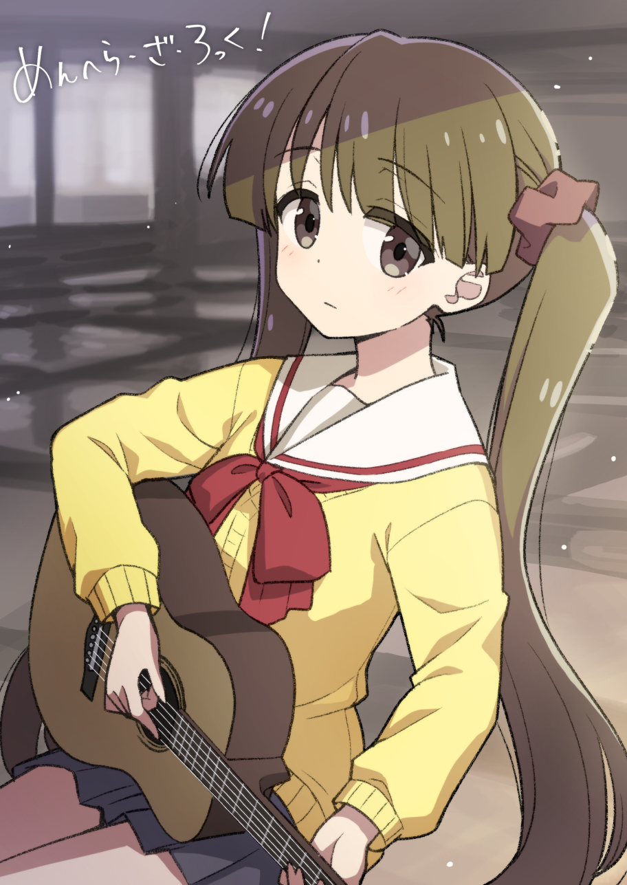 1girl, acoustic_guitar, black_skirt, blush, bow, brown_eyes, brown_hair, cardigan