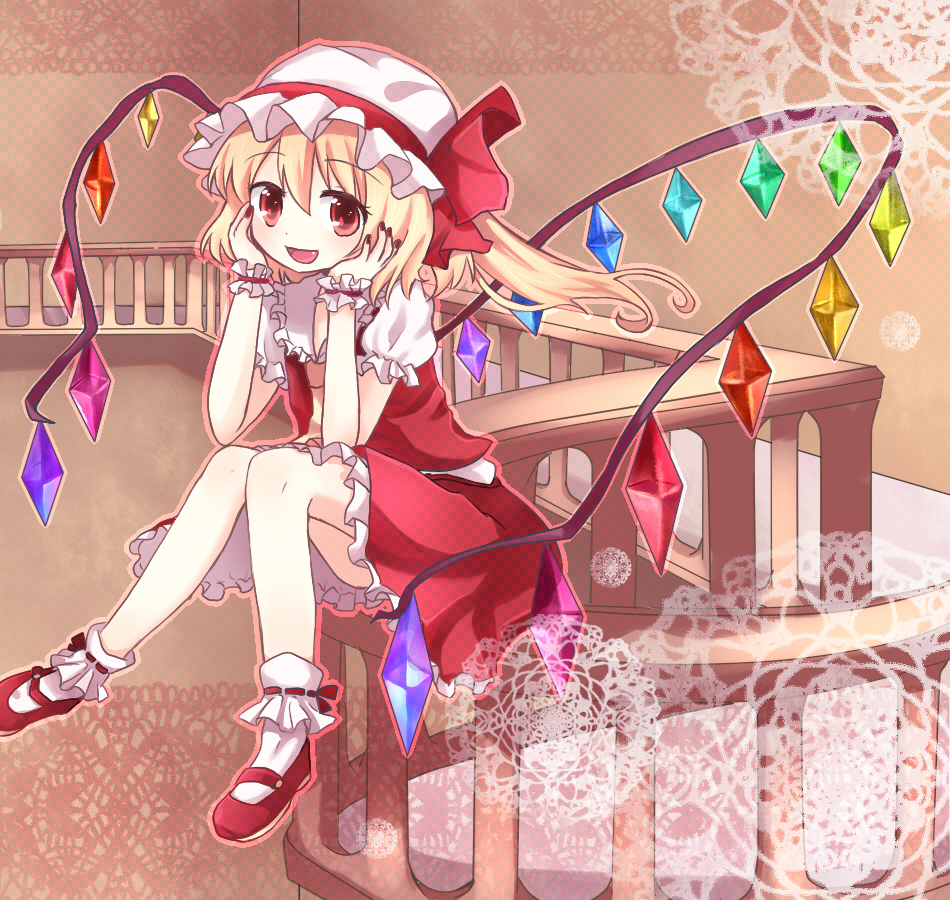 blush, fang, flandre_scarlet, hat, nashi_rin, red_eyes, ribbon, shoes