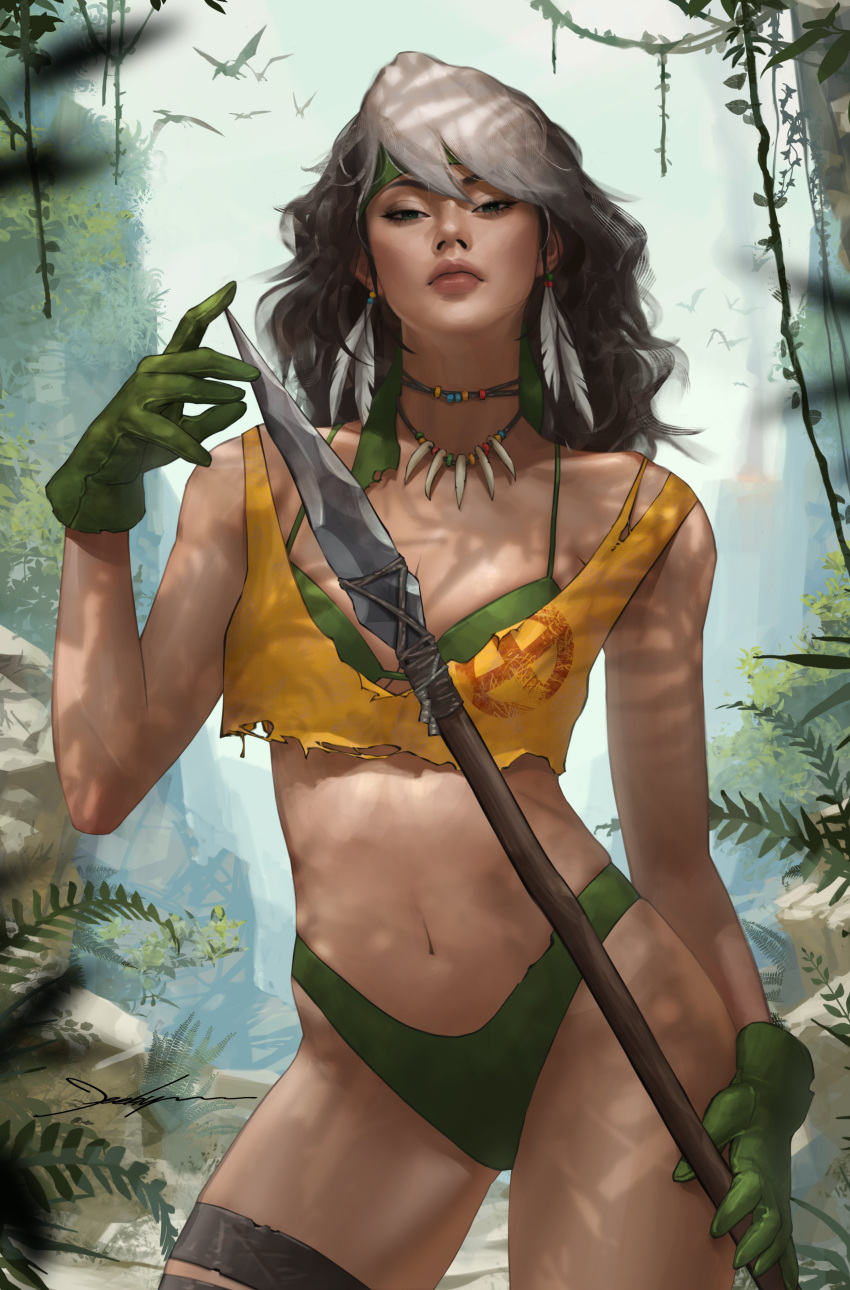 1girl, absurdres, breasts, comic_cover, cover, dyed_bangs, gloves, green_headband, headband, highres, jee-hyung_lee, jewelry, marvel, multicolored_hair, navel, necklace, panties, polearm, rogue_(x-men), sleeveless, smile, spear, two-tone_hair, underwear, weapon, white_hair, x-men, x-men:_the_animated_series
