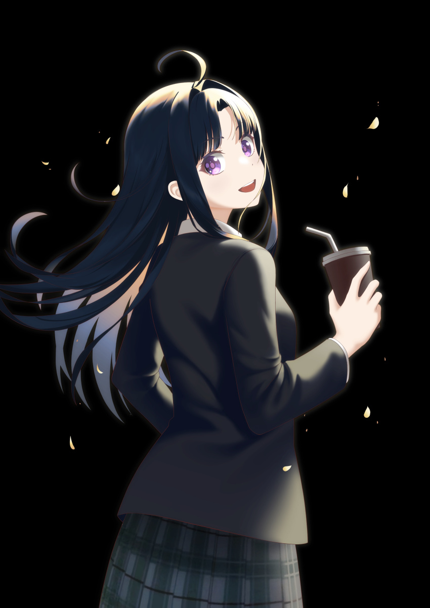 1girl, absurdres, ahoge, awa_subaru, black_background, black_hair, black_jacket, blazer