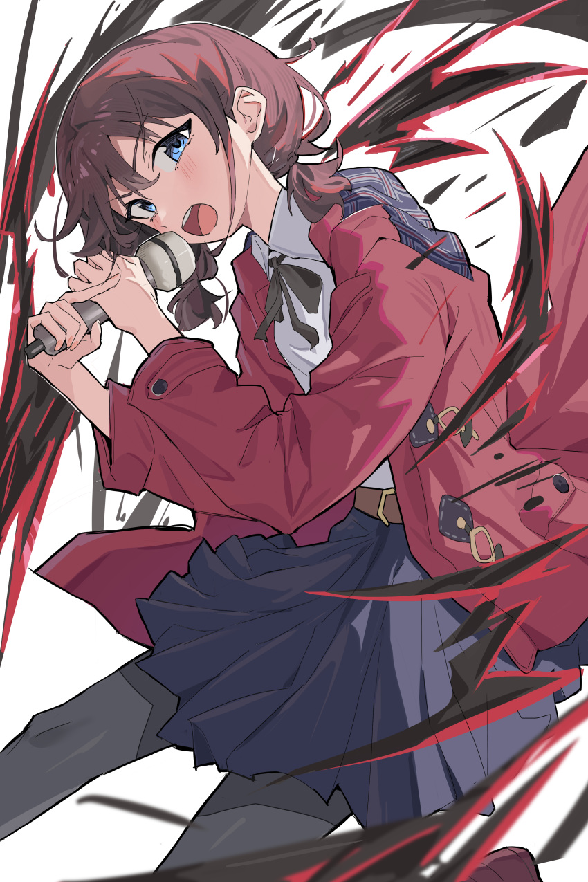 1girl, absurdres, belt, black_bow, black_bowtie, black_pantyhose, blue_eyes, blue_skirt