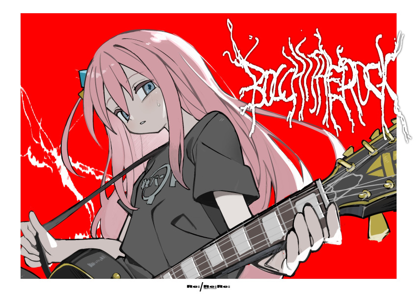 1girl, band_shirt, black_shirt, black_t-shirt, blue_eyes, bocchi_the_rock!, border, commentary_request