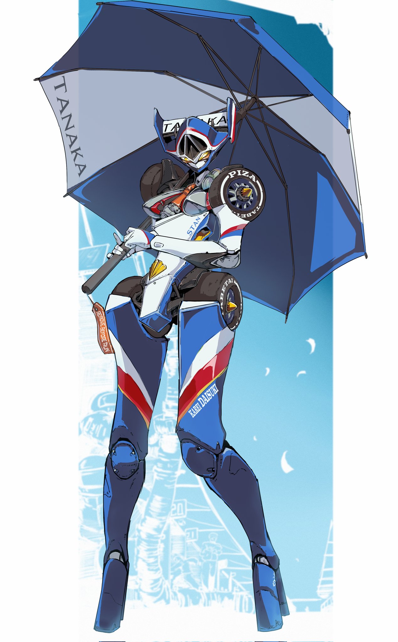 blue_background, car, full_body, highres, holding, holding_umbrella, mecha, motor_vehicle