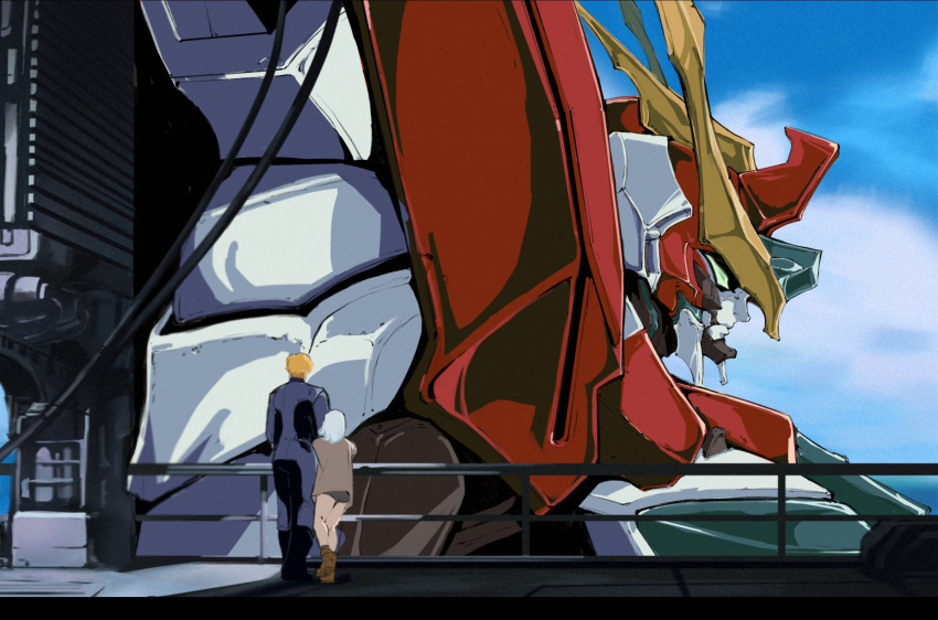 1girl, 2boys, ao_isami, blue_shirt, bravern, brown_footwear, day, facing_away