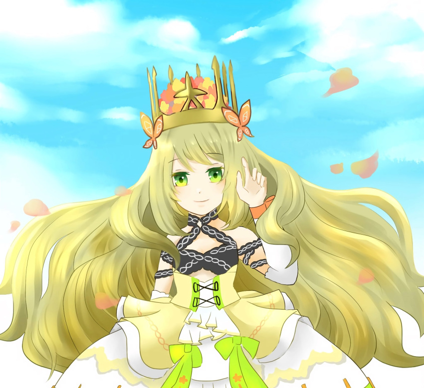1girl, blonde_hair, bow, butterfly_hair_ornament, celine_(fire_emblem), clouds, cloudy_sky, cross-laced_clothes