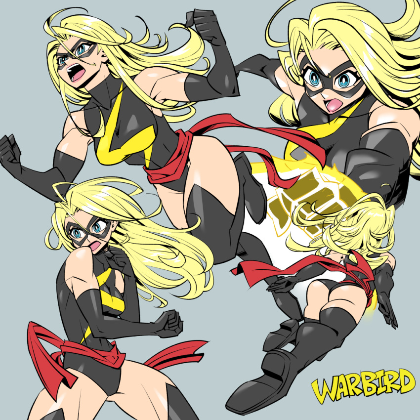 animification, ass, blonde_hair, blue_eyes, blush, bracer, breasts, carol_danvers