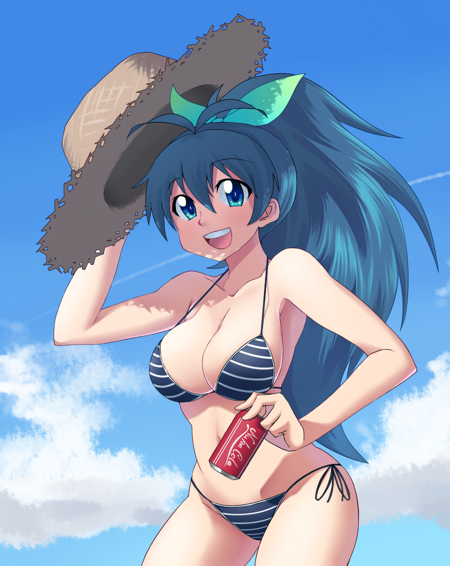 bikini, black_hair, blue_eyes, breasts, can, cleavage, colored, fallout, ganaha_hibiki, hair_ribbon, hat, idolmaster, large_breasts, long_hair, maru_(sara_duke), nuka_cola, parody, ponytail, ribbon, side-tie_bikini, smile, soda, solo, swimsuit, yajirushi_kaku