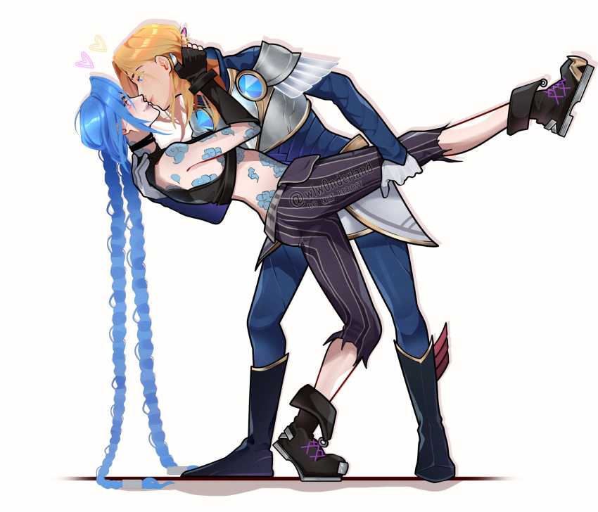 2girls, alt_text, arcane:_league_of_legends, arcane_jinx, arm_tattoo, armor, artist_name, asymmetrical_bangs