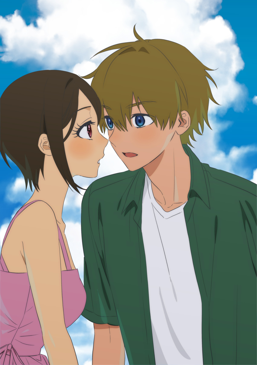 1boy, 1girl, absurdres, aged_up, bare_shoulders, blonde_hair, blue_eyes, brown_eyes
