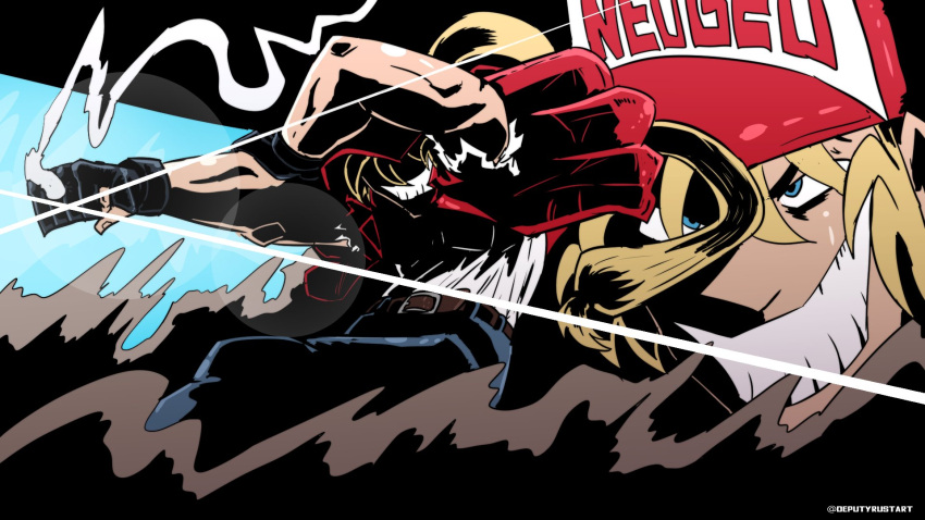 baseball_cap, belt, blonde_hair, blue_eyes, denim, deputy_rust, fatal_fury, fatal_fury_cap
