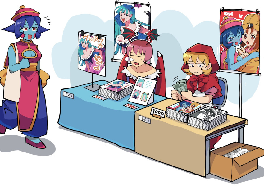 bag, banknote, bat_wings, blue_skin, bulleta, cleavage_cutout, clothing_cutout, colored_skin, convention, demon_girl, head_wings, highres, holding, holding_money, lei_lei, lilith_aensland, lin-lin, manga_(object), money, morrigan_aensland, nose_bubble, oushiza_towel, short_hair, sleeping, sleeping_upright, translation_request, v, vampire_(game), wings