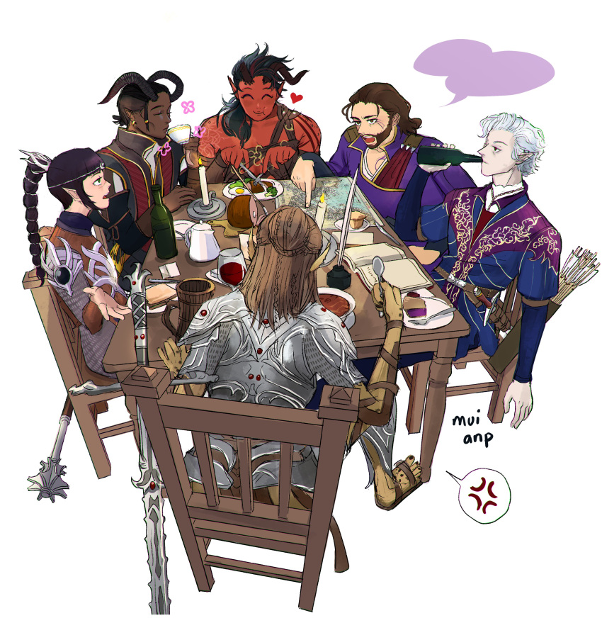 3girls, 4boys, absurdres, alcohol, armor, astarion, baldur's_gate, baldur's_gate_3