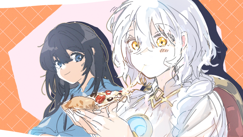 2girls, black_hair, blue_eyes, blue_shirt, blush_stickers, braid, dress, eating, eos_(neural_cloud), female_professor_(neural_cloud), food, girls'_frontline_neural_cloud, girls_frontline, holding, holding_food, holding_pizza, hole_in_chest, hole_on_body, looking_at_another, multiple_girls, pizza, pizza_slice, professor_(neural_cloud), shiraeda, shirt, upper_body, white_dress, white_hair, yellow_eyes