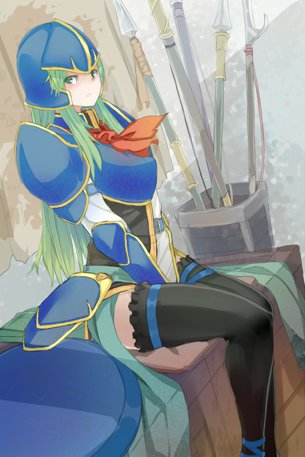 between_thighs, black_legwear, black_thighhighs, fire_emblem, fire_emblem:_akatsuki_no_megami, green_eyes, green_hair, helmet