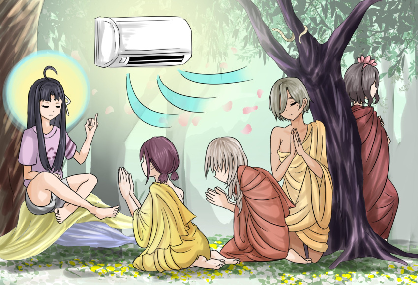 5girls, ahoge, air_conditioner, awa_subaru, barefoot, black_hair, brown_hair, closed_eyes