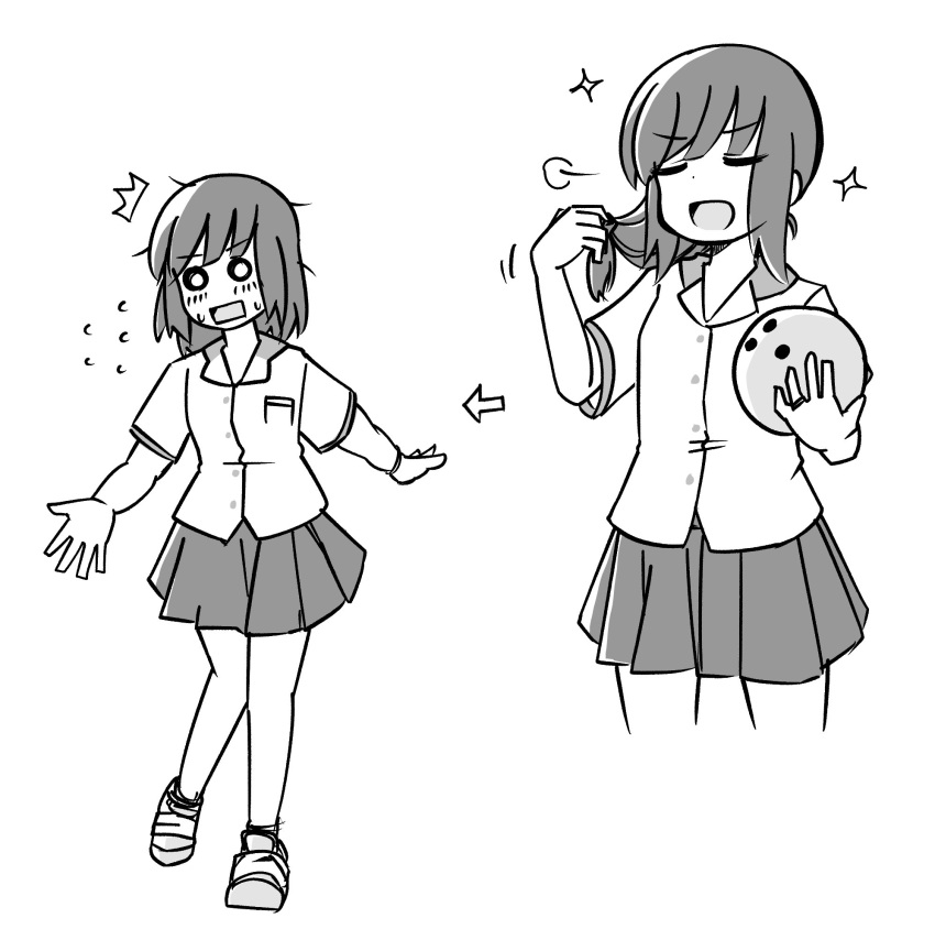 1girl, ^^^, ball, bowling_ball, closed_eyes, collared_shirt, commentary_request, cowboy_shot