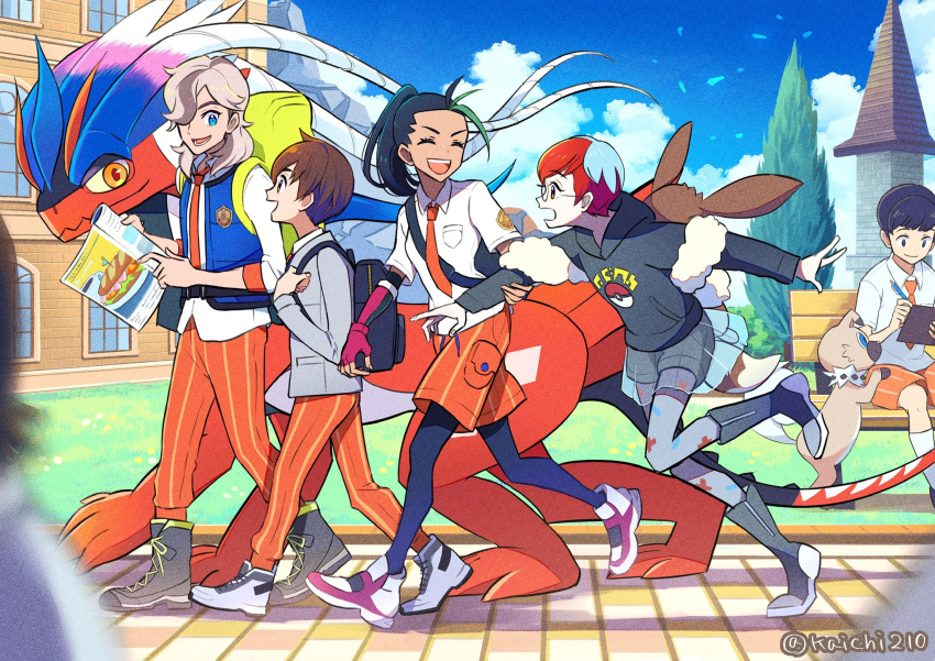 2girls, 3boys, :d, ^_^, arm_grab, artist_name, arven_(pokemon), backpack, bag, black_bag, black_footwear, black_hair, black_pantyhose, black_shorts, blue_eyes, blue_hair, blue_vest, book, boots, brown_hair, closed_eyes, closed_mouth, clouds, cloudy_sky, collared_shirt, colored_sclera, commentary_request, dog, dragon, drawstring, eyelashes, fingerless_gloves, florian_(pokemon), glasses, gloves, green_hair, grey_pantyhose, hair_over_one_eye, happy, highres, holding, holding_book, hood, hoodie, kaichi210, koraidon, long_hair, long_sleeves, looking_at_another, medium_hair, multicolored_hair, multiple_boys, multiple_girls, naranja_academy_(emblem), naranja_academy_school_uniform, necktie, nemona_(pokemon), open_mouth, orange_eyes, orange_necktie, orange_pants, orange_shorts, outdoors, pants, pantyhose, penny_(pokemon), poke_ball_print, pokemon, pokemon_(creature), pokemon_sv, ponytail, print_pantyhose, purple_gloves, redhead, rockruff, round_eyewear, school_uniform, see-through, see-through_skirt, shirt, shoes, short_hair, short_sleeves, shorts, skirt, sky, smile, streaked_hair, striped_clothes, striped_pants, teeth, two-tone_hair, vertical-striped_clothes, vertical-striped_pants, vest, walking, white_footwear, white_shirt, yellow_sclera