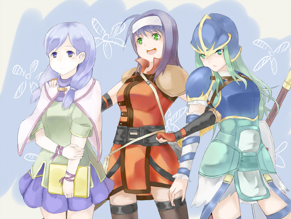 3_girls, armor, belt, book, breasts, cape, detached_sleeves, fingerless_gloves