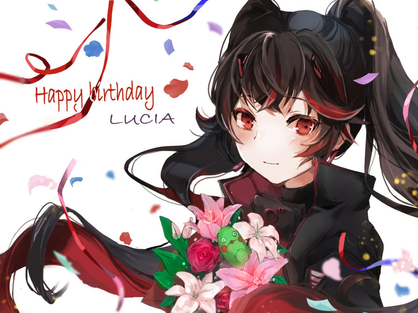 1girl, black_hair, black_jacket, bouquet, character_name, colored_inner_hair, fake_horns, flower_request