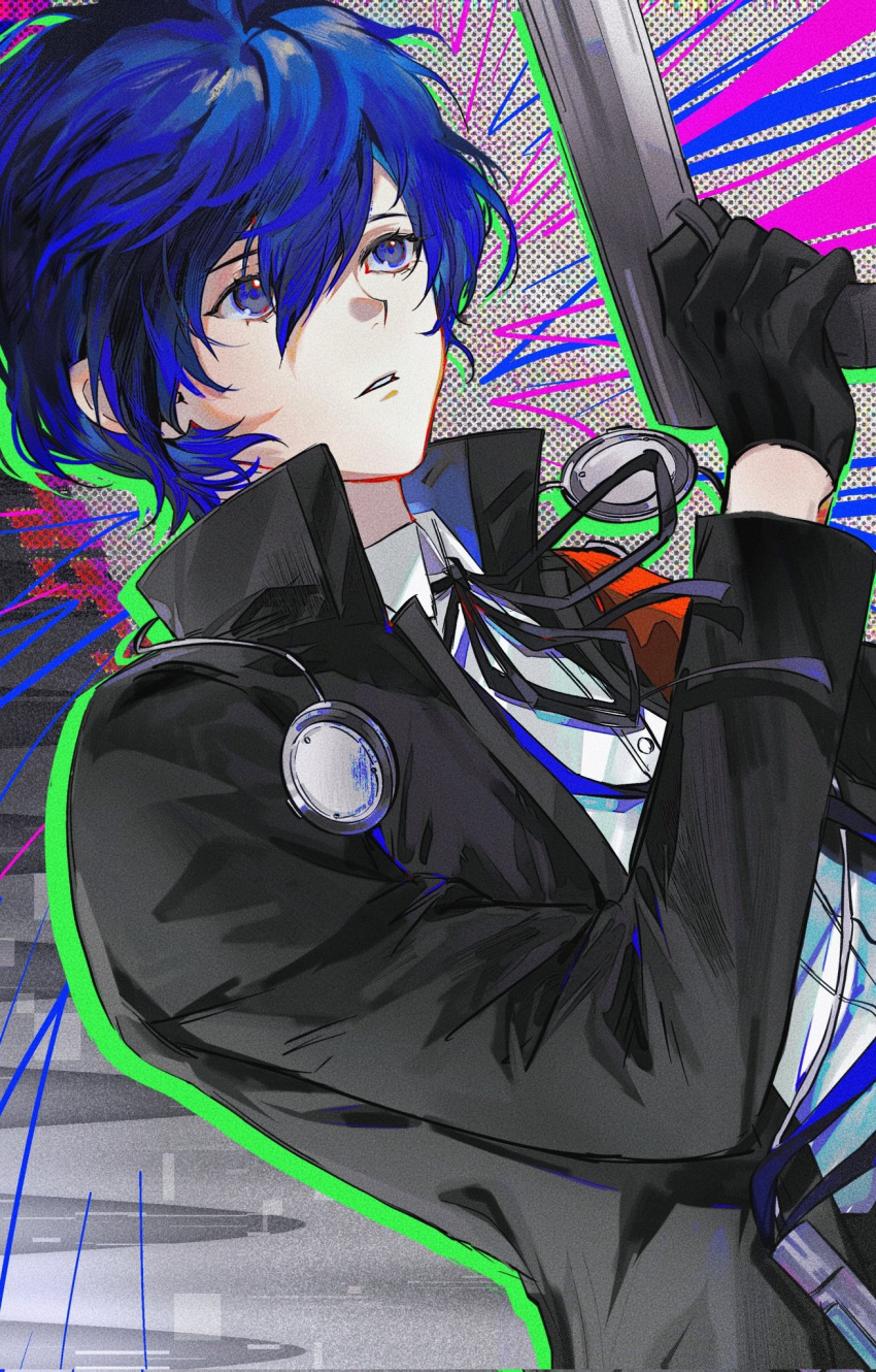 1boy, armband, black_gloves, black_jacket, black_ribbon, blue_eyes, blue_hair, collared_shirt