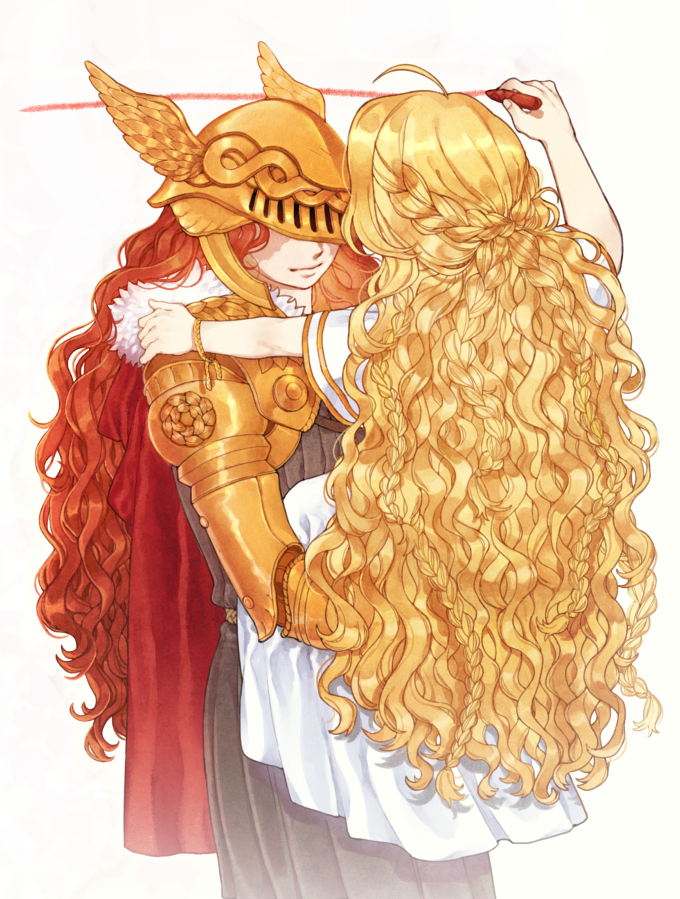 1boy, 1girl, affectionate, ahoge, androgynous, blonde_hair, bracelet, braid
