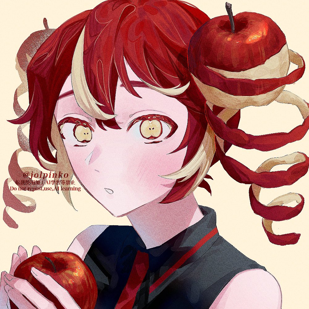 1girl, alternate_hair_color, apple, apple_peel, black_shirt, blonde_hair, blush, brown_background, collared_shirt, food, food-shaped_pupils, food-themed_hair, fruit, hands_up, holding, holding_food, holding_fruit, jolp_(jolpinko), kasane_teto, looking_at_viewer, multicolored_hair, parted_lips, portrait, raised_eyebrows, redhead, shirt, sleeveless, sleeveless_shirt, solo, streaked_hair, utau, watermark