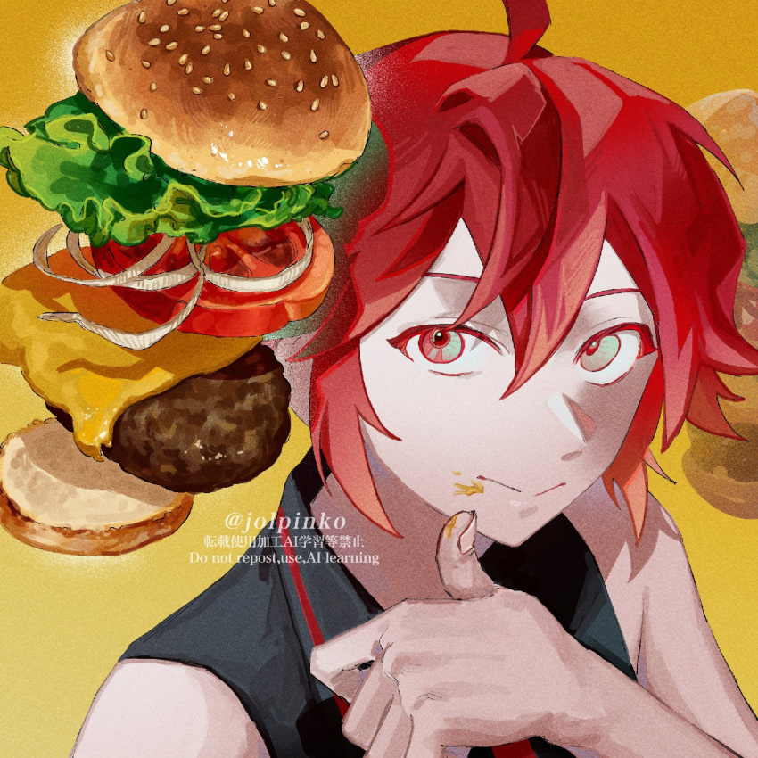 1girl, ahoge, alternate_eye_color, bare_shoulders, black_shirt, burger, closed_mouth, collared_shirt