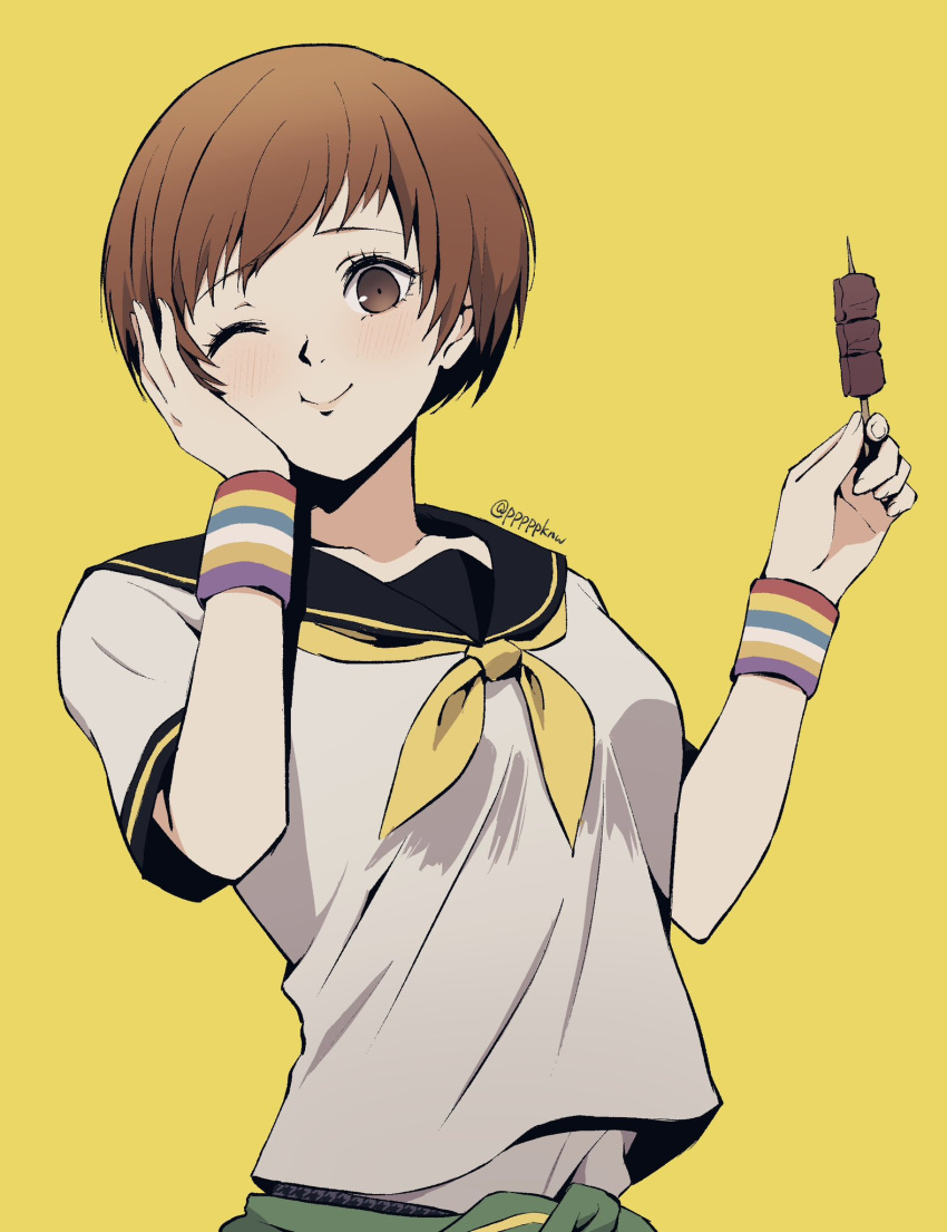 1girl, black_sailor_collar, breasts, brown_hair, closed_mouth, clothes_around_waist, commentary, eating