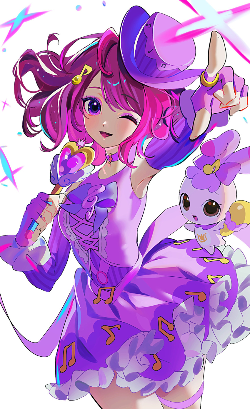 1girl, absurdres, blush, brooch, brown_eyes, catch!_teenieping, choker, creature, dress, eyeshadow, fingerless_gloves, frilled_dress, frills, gloves, hair_ornament, hat, heart, highres, holding, holding_microphone, holding_wand, jewelry, jitae9787, korean_commentary, lace-up, lalaping_(catch!_teenieping), magical_girl, makeup, microphone, mini_hat, musical_note, musical_note_hair_ornament, one_eye_closed, open_mouth, pink_eyes, pink_eyeshadow, pink_hair, pointing, princess, princess_melody_(catch!_teenieping), purple_dress, purple_gloves, ring, romi_(catch!_teenieping), short_hair, sleeveless, smile, solo, transformation, wand, white_wrist_cuffs, wrist_cuffs