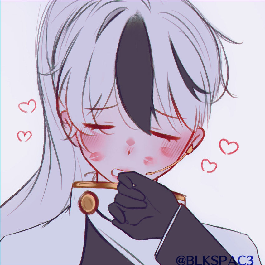 1boy, black_gloves, black_hair, blkspac3, coat, gloves, heart, high_ponytail, highres, library_of_ruina, lipstick, makeup, multicolored_hair, project_moon, simple_background, solo, twitter_username, white_background, white_coat, white_hair, yan_vismok