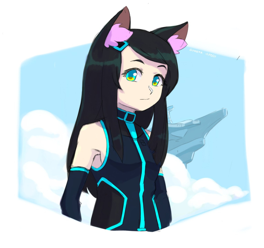 1girl, animal_ear_fluff, animal_ears, bare_shoulders, black_bodysuit, black_hair, blue_bodysuit, blue_eyes