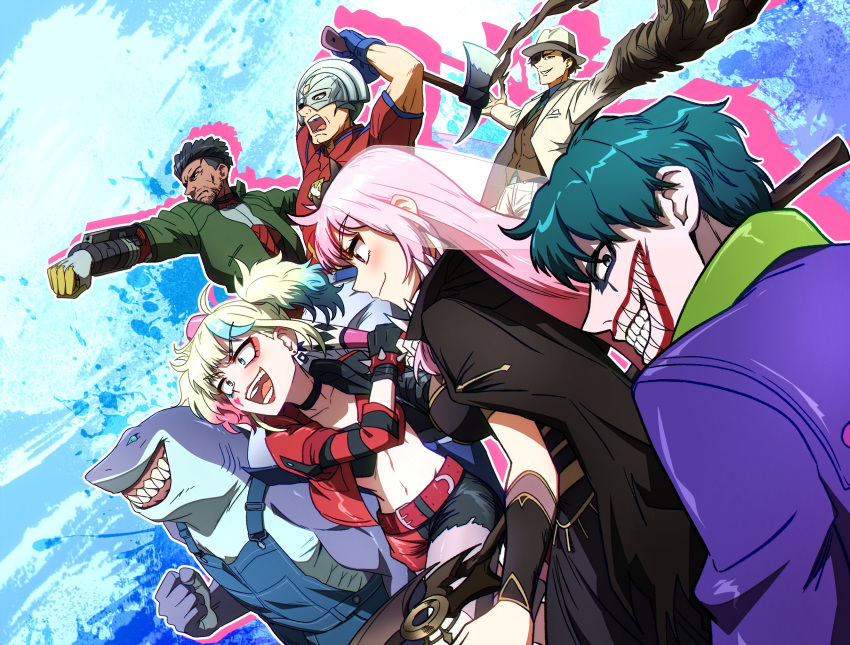 2girls, 5boys, axe, baseball_bat, batman_(series), black_cape, blonde_hair, blue_background, blue_hair, blush, cape, clayface, coat, dark-skinned_male, dark_skin, dc_comics, ddolbang, deadshot, drop_shadow, eyeshadow, fedora, green_hair, green_jacket, grin, harley_quinn, hat, highres, holding, holding_axe, holding_baseball_bat, holding_scythe, hololive, hololive_english, jacket, joker_(dc), king_shark_(dc), looking_at_viewer, makeup, mori_calliope, mori_calliope_(1st_costume), multicolored_hair, multiple_boys, multiple_girls, navel, overalls, pale_skin, peacemaker_(dc), pink_hair, purple_suit, red_eyeshadow, red_shirt, redhead, scythe, shark_boy, shirt, short_twintails, smile, splatter_background, suicide_squad, suicide_squad_isekai, suit, trench_coat, twintails, virtual_youtuber