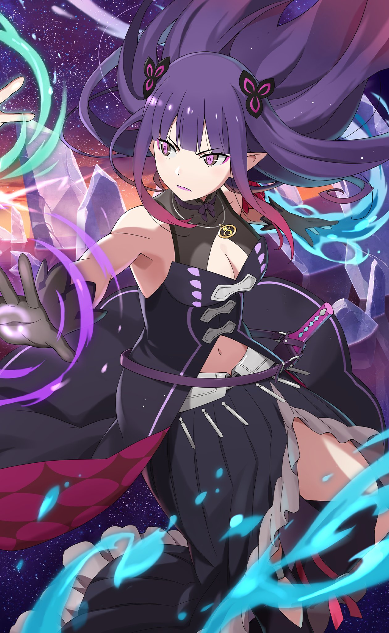 1girl, black_dress, black_gloves, breasts, cleavage_cutout, closed_mouth, clothing_cutout, crystal