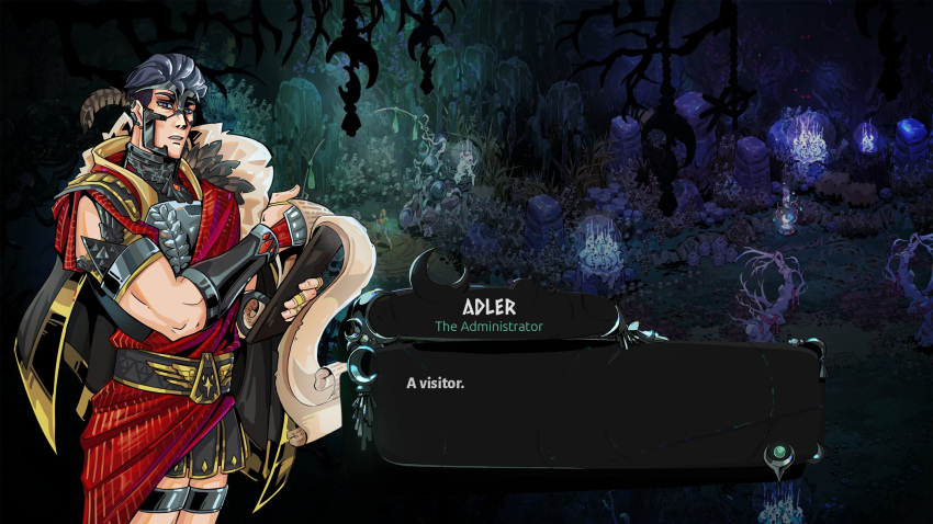 1boy, 1girl, adler_(signalis), ancient_greek_clothes, armor, black_hair, clipboard, crappwr0m, english_text, game_screenshot_background, greco-roman_clothes, hades_(series), hades_2, highres, humanization, melinoe_(hades), scroll, short_hair, signalis, solo_focus, tagme