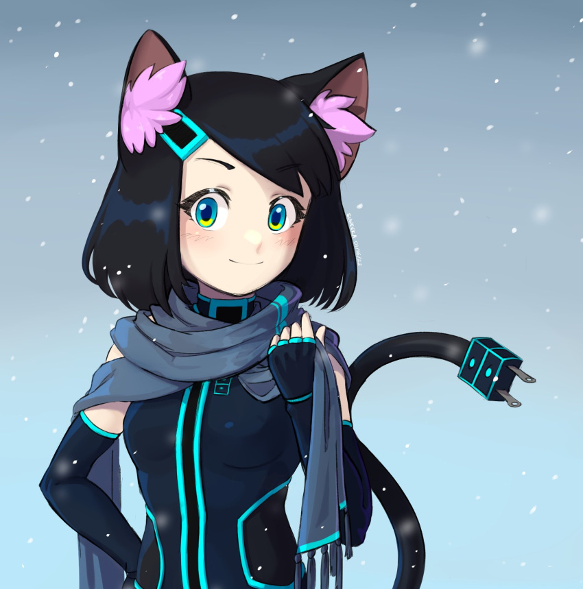 1girl, adjusting_scarf, animal_ear_fluff, animal_ears, black_bodysuit, black_gloves, black_hair, blue_bodysuit