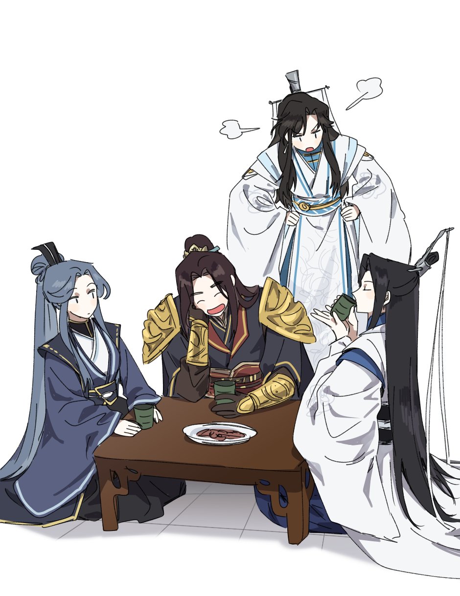1girl, 3boys, armor, blue_hair, blue_hanfu, brothers, brown_hair, bujang