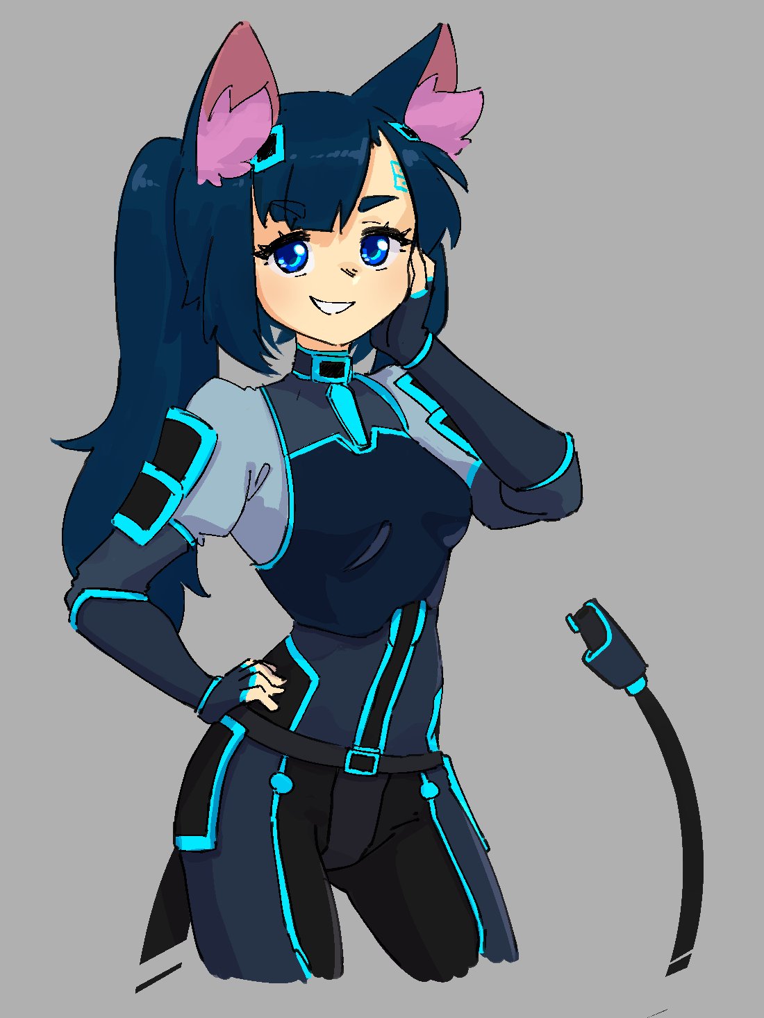 1girl, animal_ear_fluff, animal_ears, black_bodysuit, blue_bodysuit, blue_eyes, blue_hair, bodysuit