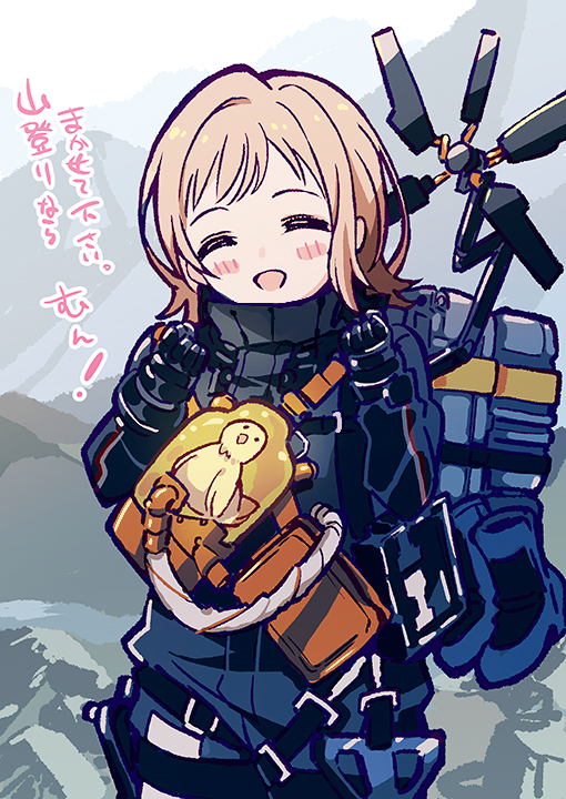 1girl, backpack, bag, bb-28, bb-28_(cosplay), bird, black_bag, black_gloves