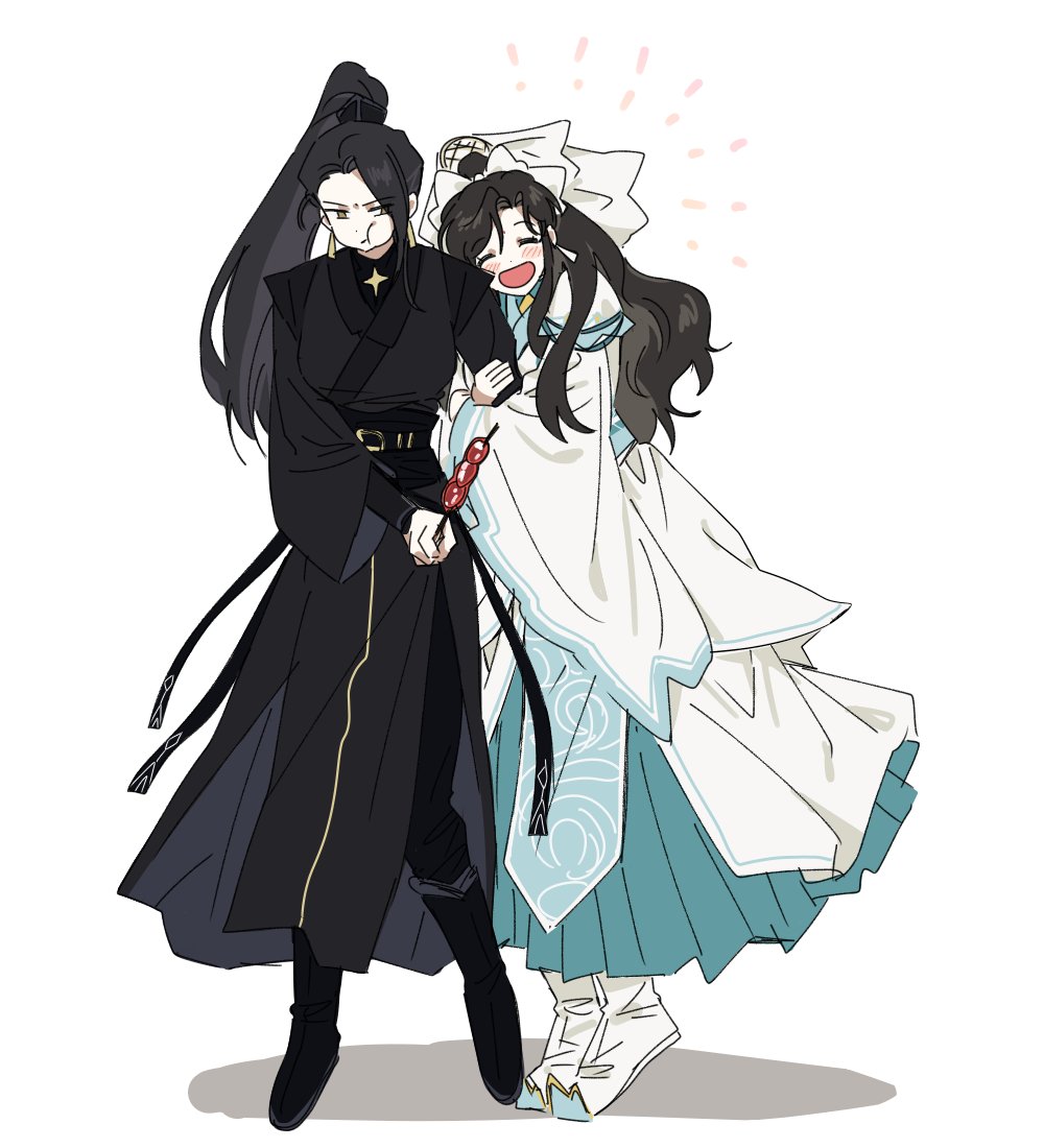 2girls, black_footwear, black_hair, blush, boots, brown_hair, bujang, chinese_clothes