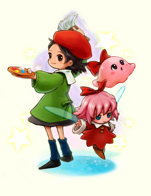 adeleine, beret, black_eyes, black_hair, blue_eyes, bow, chuchu_(kirby), fairy