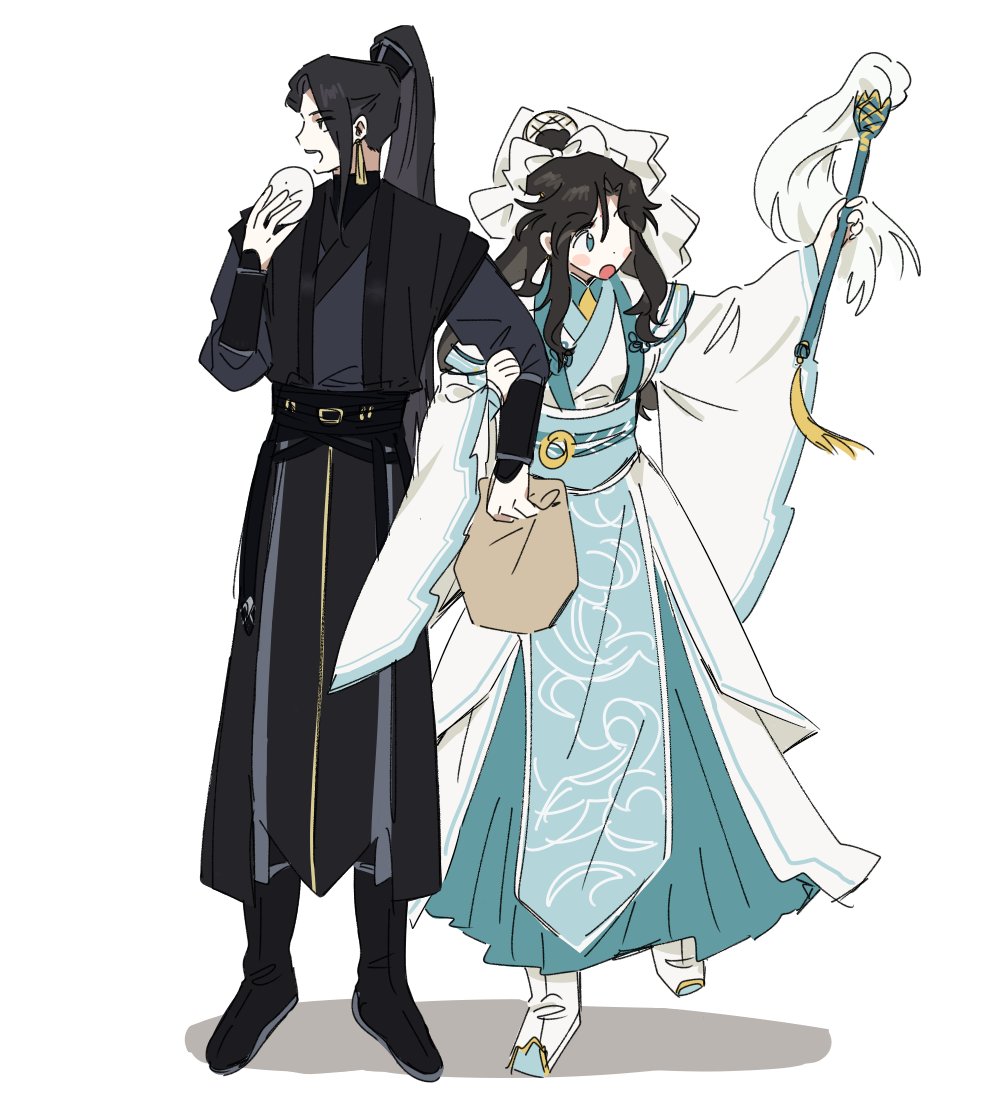 1boy, 1girl, bag, baozi, black_footwear, black_hair, black_hanfu, blue_eyes