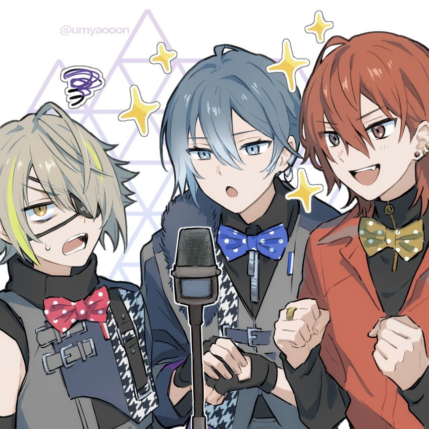 18trip, 3boys, ahoge, black_eyes, blonde_hair, brown_eyes, brown_hair, eyepatch