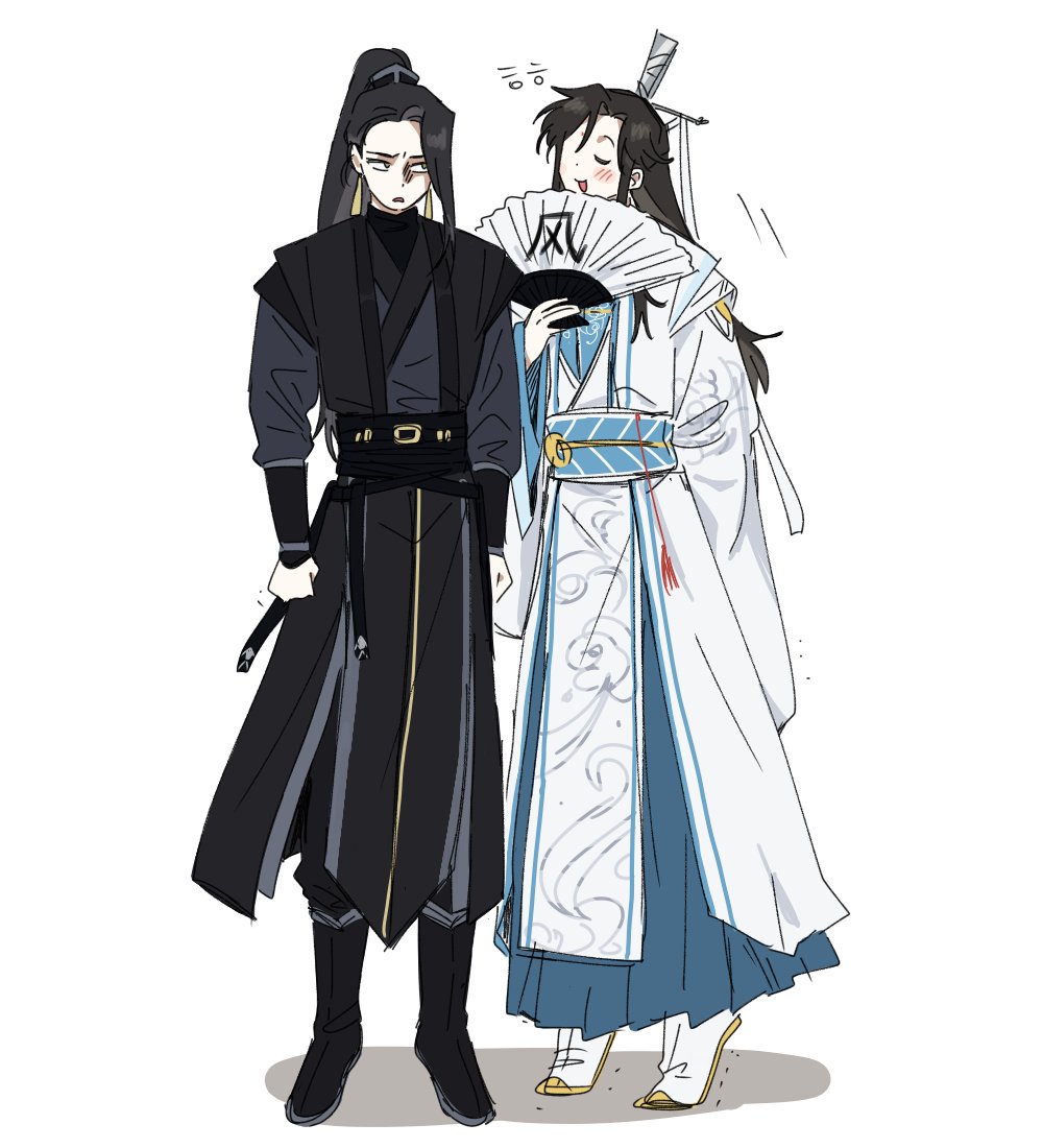 2boys, black_hair, black_hanfu, blush, brown_hair, bujang, chinese_clothes, clenched_hand
