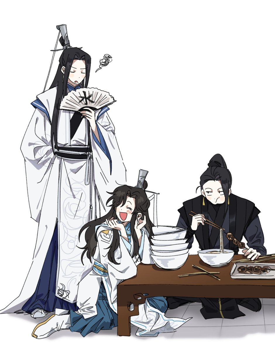 3boys, black_hair, blush, bowl, bowl_stack, brothers, brown_hair, bujang