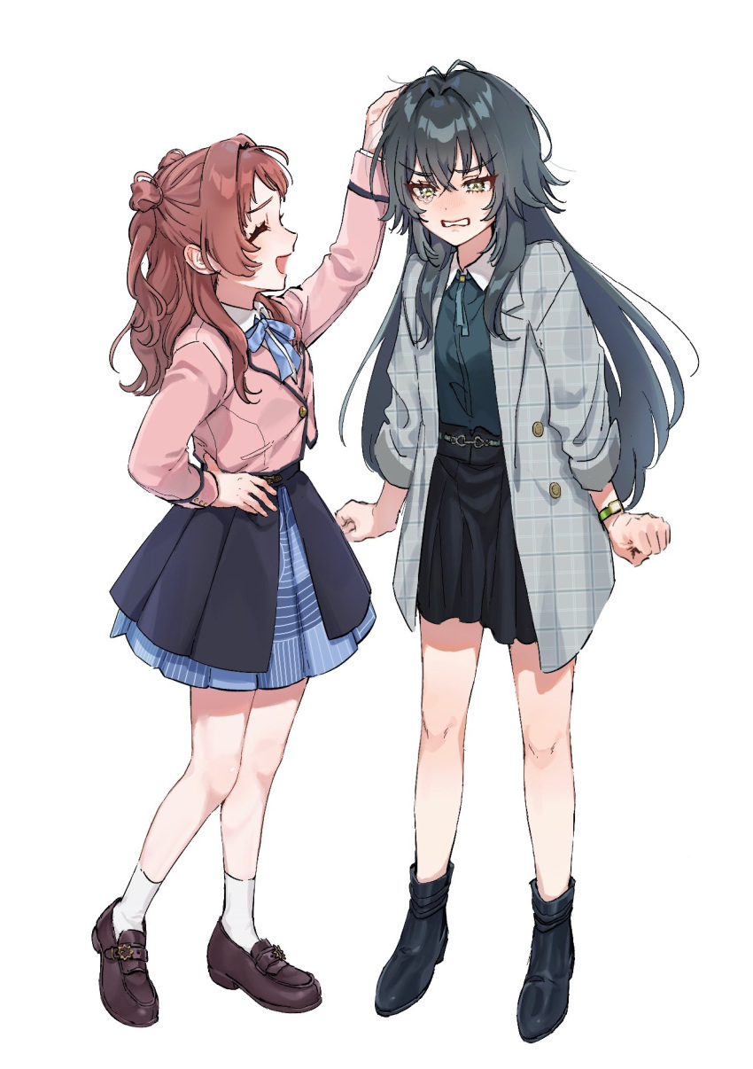 2girls, angry, antenna_hair, black_footwear, black_skirt, blazer, blue_bow, blue_bowtie, blue_skirt, blush, bow, bowtie, brown_footwear, brown_hair, check_commentary, clenched_hands, clenched_teeth, closed_eyes, coat, commentary_request, dot_nose, eyelashes, full_body, gakuen_idolmaster, green_eyes, green_hair, green_shirt, grey_coat, hair_between_eyes, hair_flaps, half-closed_eyes, hanami_saki, hand_on_own_hip, hatsuboshi_gakuen_school_uniform, headpat, height_difference, highres, idolmaster, jacket, legs, long_hair, long_sleeves, multiple_girls, nz99, open_mouth, pink_jacket, school_uniform, shirt, sidelocks, skirt, smile, socks, standing, tears, teeth, thighs, tsukimura_temari, twintails, v-shaped_eyebrows, watch, watch, white_background, white_socks, wing_collar