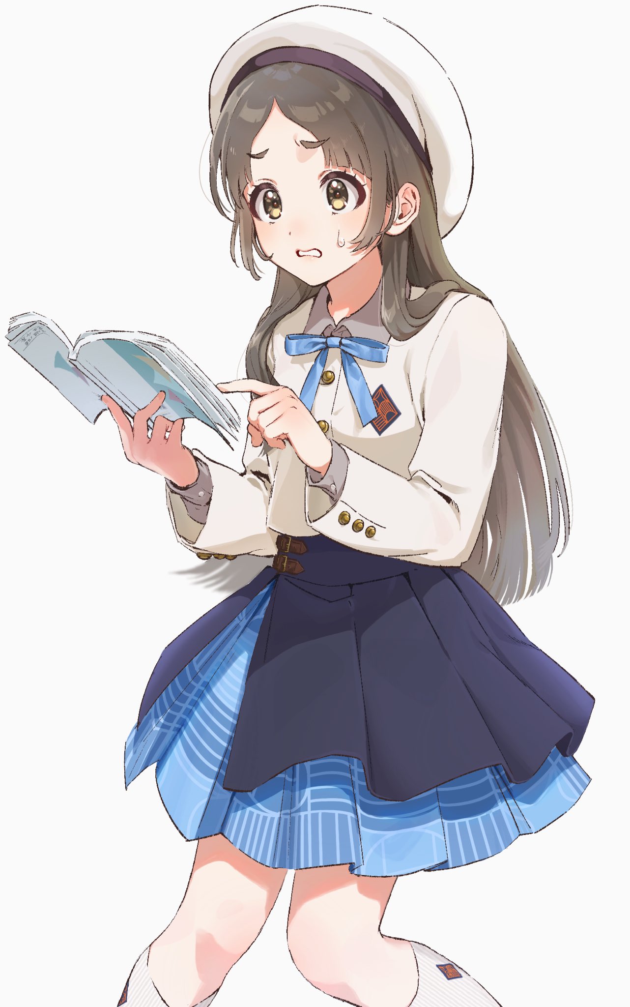 1girl, beret, blazer, blue_bow, blue_bowtie, blue_skirt, book, bow