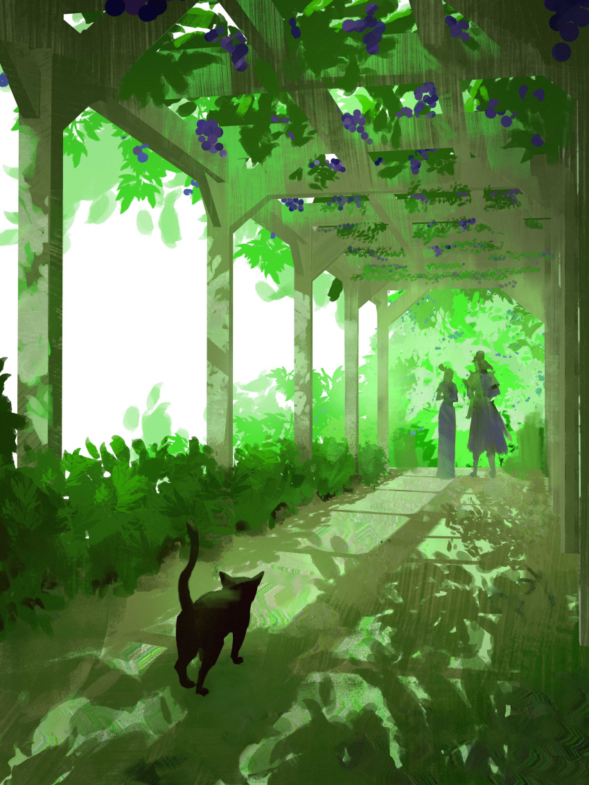 absurdres, animal, animal_focus, black_cat, brush_stroke, bush, cat, day, diego_delarosa, dress, food, fruit, grapes, grass, green_theme, highres, leaf, long_sleeves, nature, original, outdoors, painterly, people, pillar, plant, scenery, shadow, standing, sunlight, vineyard, wide_shot, wood