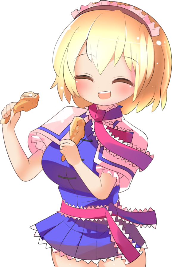 1girl, :d, alice_margatroid, blonde_hair, blue_dress, blush, breasts, brown_hairband
