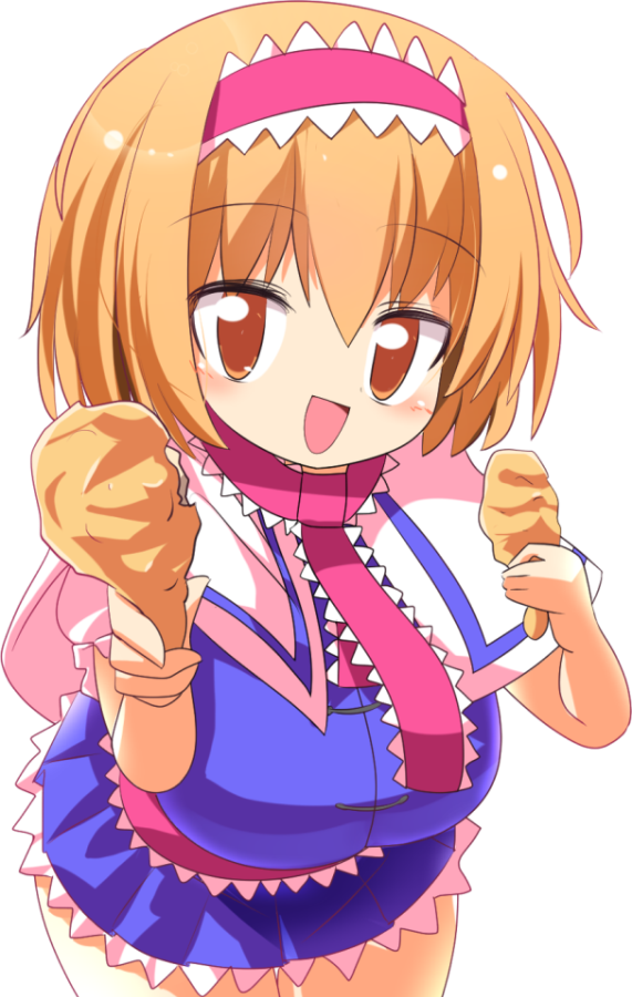 1girl, alice_margatroid, blonde_hair, blue_dress, blush, breasts, capelet, chicken_(food)
